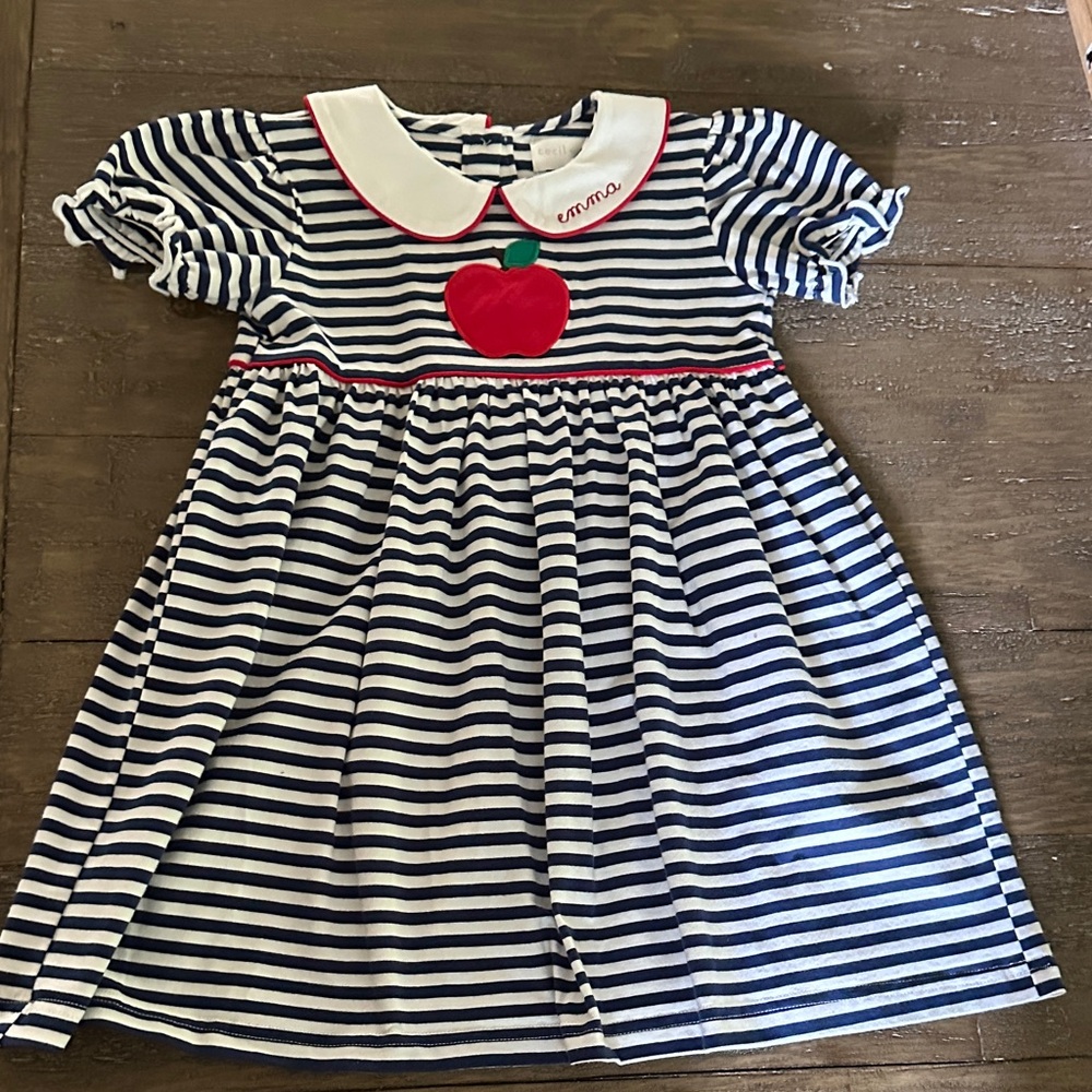 “Emma” embroidered Navy and White Striped Dress with Red Apple